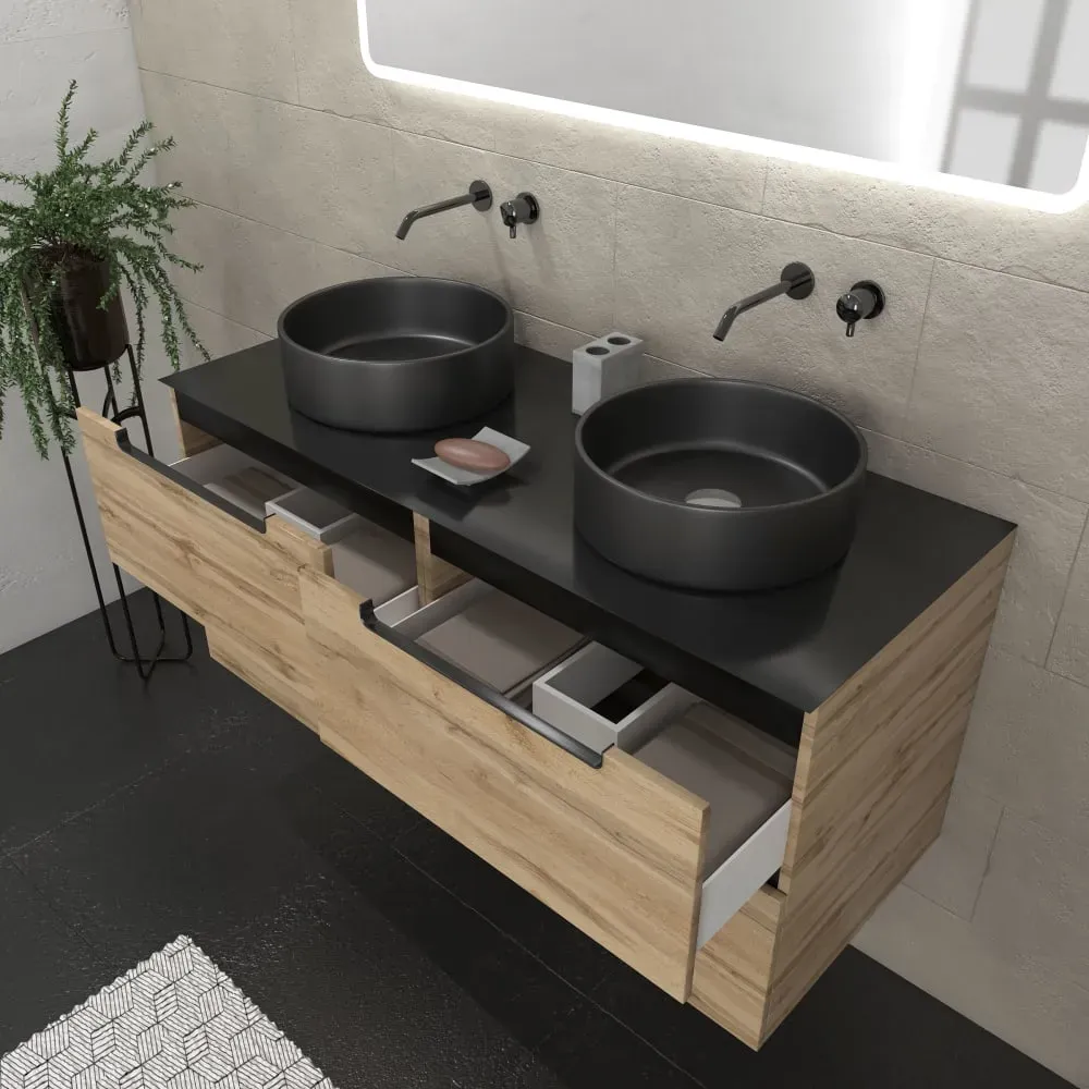 Illustration numéro 3 du produit Meuble de salle de bains effet bois marron avec miroir