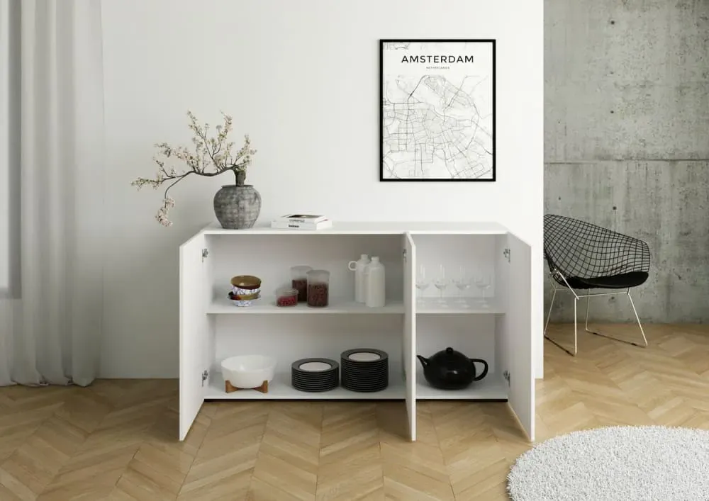 Illustration numéro 3 du produit Buffet 3 portes effet bois blanc brillant 150x40x83,5 cm