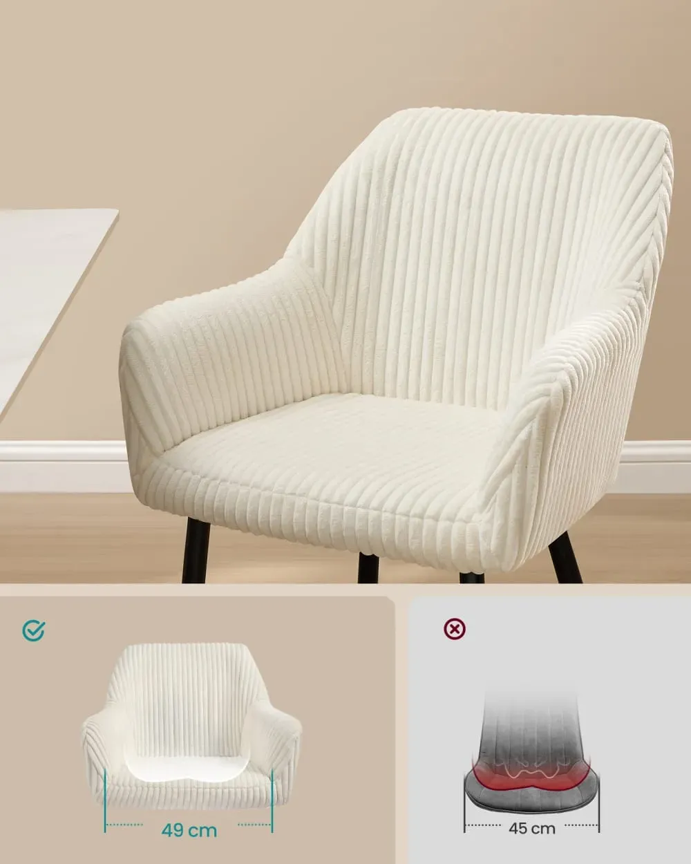 Illustration numéro 3 du produit Lot de 4 chaise de salle à manger velours côtelé blanc et noir