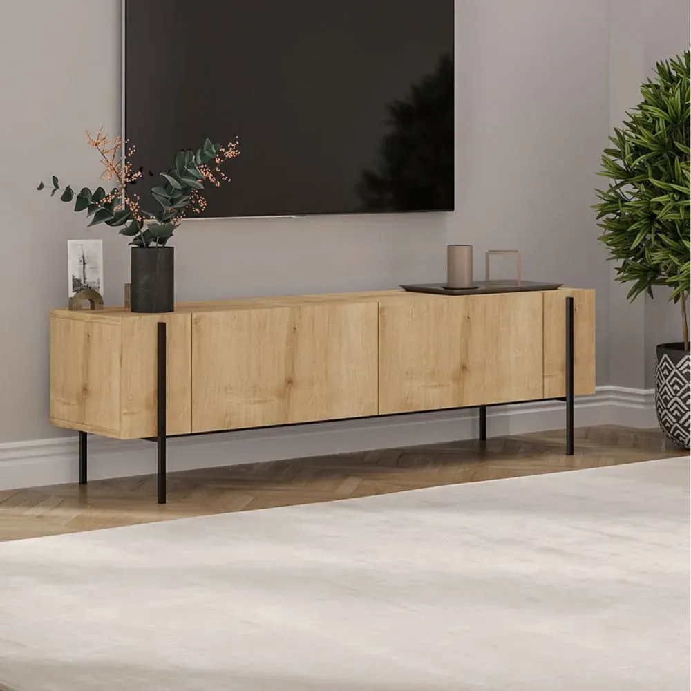 Illustration numéro 3 du produit Meuble TV avec placards bois et détails noirs 160cm