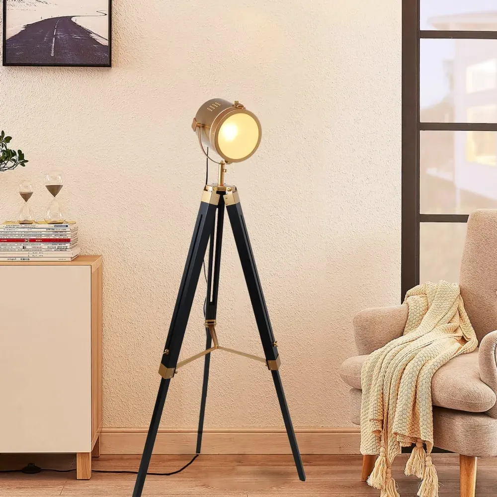 Illustration numéro 3 du produit Lampadaire trépied bois naturel E27, réglable, doré