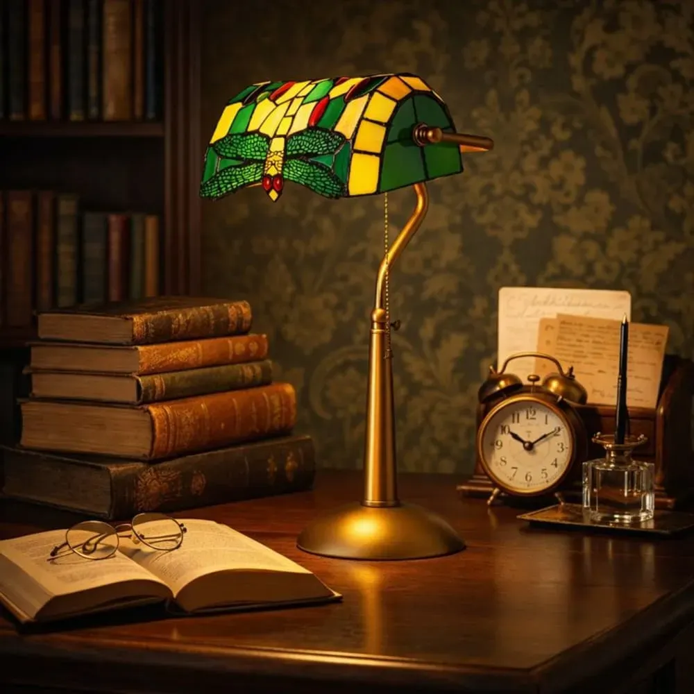 Illustration numéro 3 du produit Lampe de table style tiffany libellule verre mosaïque vert E27 H46cm