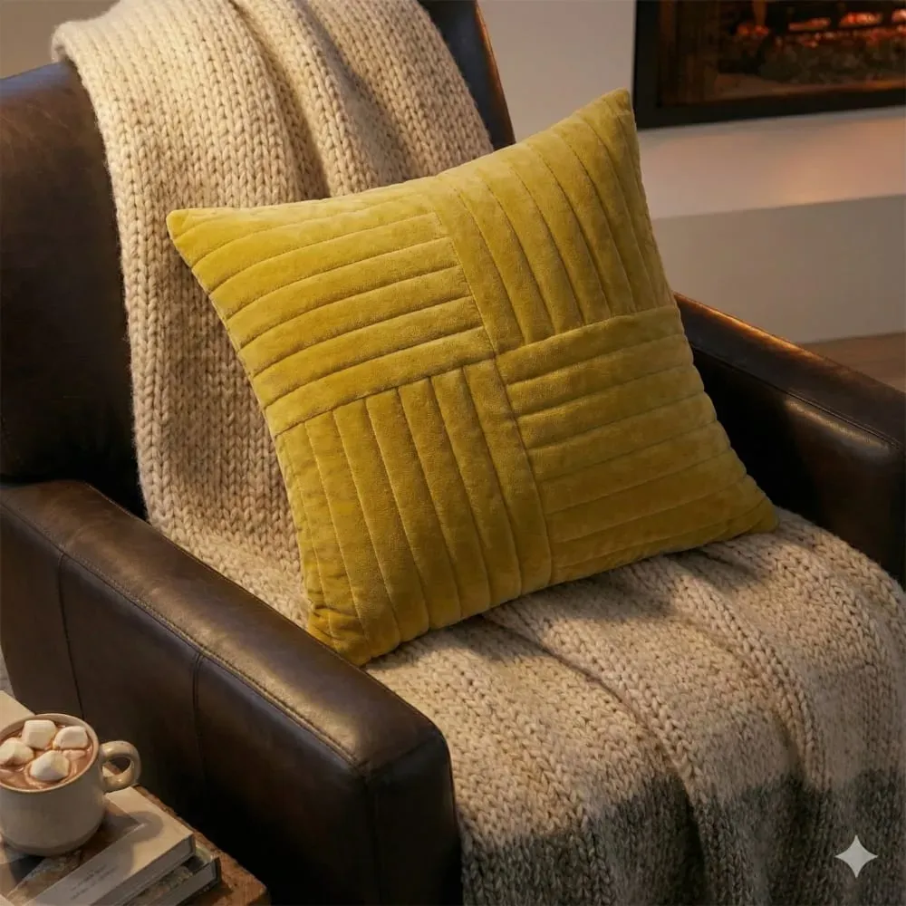 Illustration numéro 3 du produit Coussin en coton velours jaune moutarde OEKO-TEX® 45 x 45