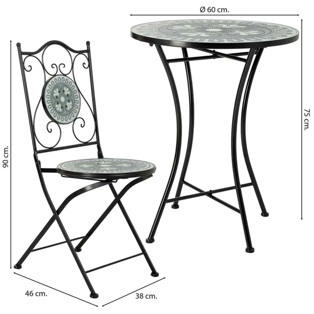 Illustration numéro 3 du produit Ensemble table et 2 chaises en métal, 60x60x75 cm et 38x46x90 cm