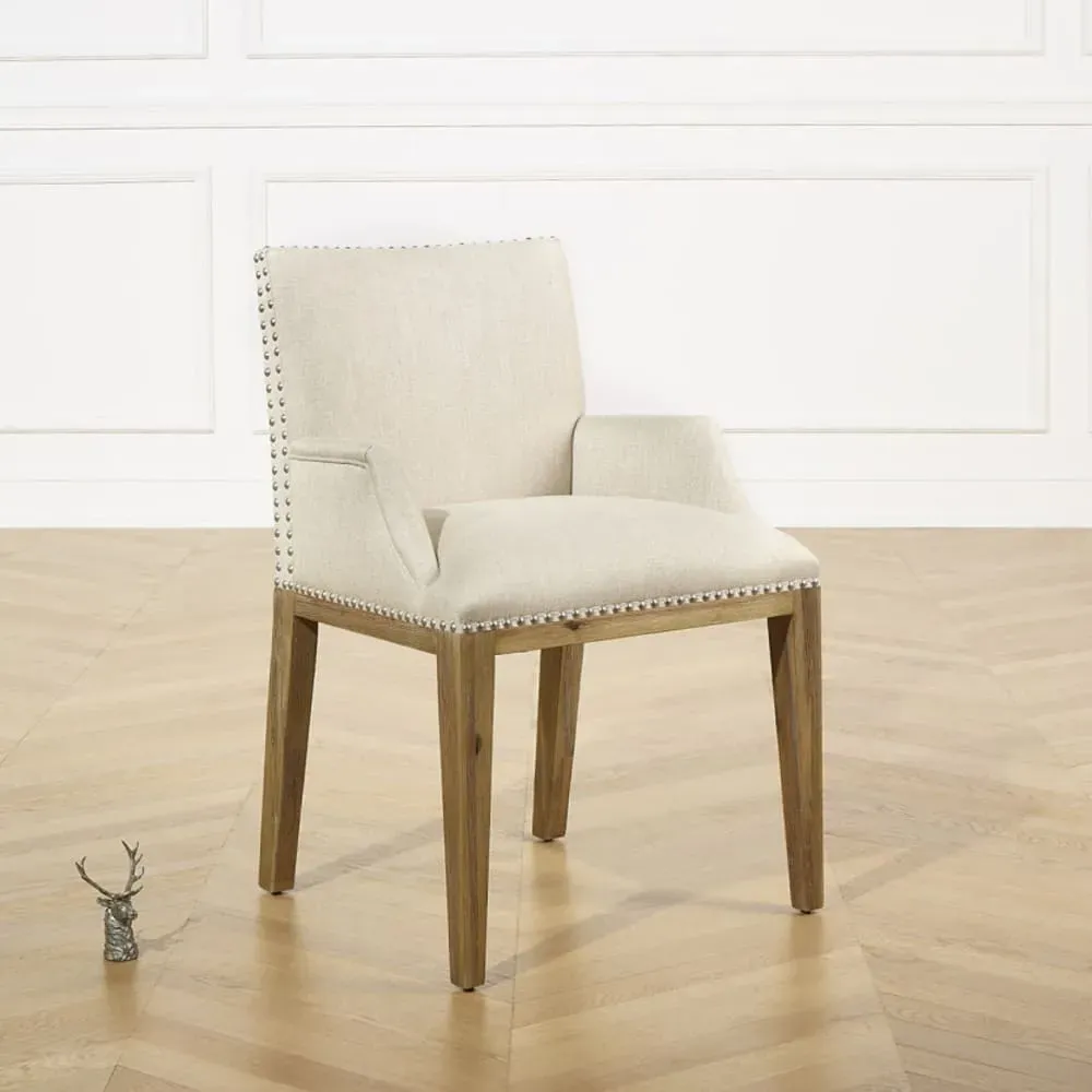 Illustration numéro 3 du produit Fauteuil de table en bois massif et tissu polyester effet lin beige