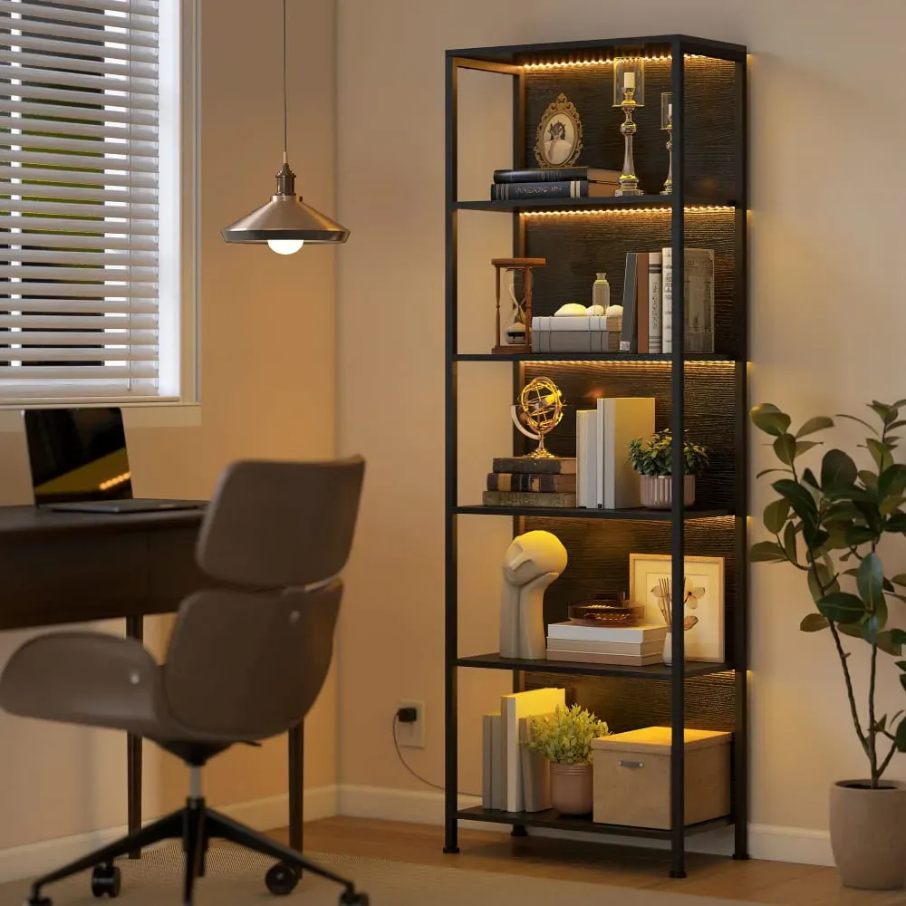 Illustration numéro 3 du produit Bibliothèque 5 niveaux éclairage LED 7 couleurs cadre en acier noir