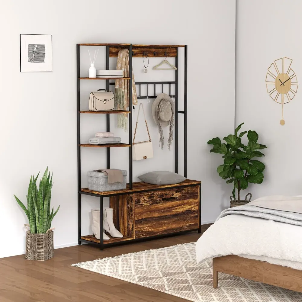 Illustration numéro 3 du produit Porte-manteau étagère à chaussures 4 en 1 industriel métal marron