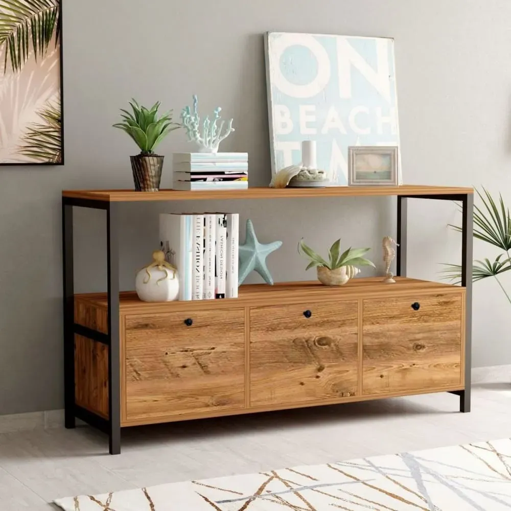 Illustration numéro 3 du produit Buffet 3 portes effet bois avec piètement noir 120 cm