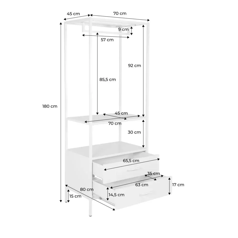 Illustration numéro 3 du produit Meuble d'entrée, porte manteau métal noir avec penderie et 2 tiroirs