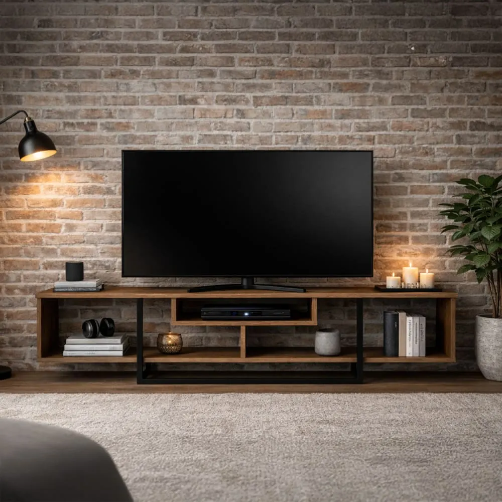 Illustration numéro 3 du produit Meuble tv design industriel noyer et noir avec rangements - 149 cm