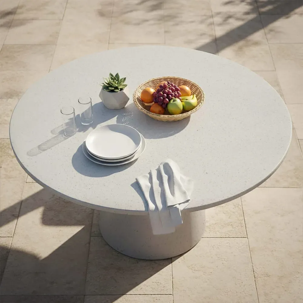 Illustration numéro 3 du produit Table de jardin ronde effet béton lisse 4 places 130x76 cm blanc