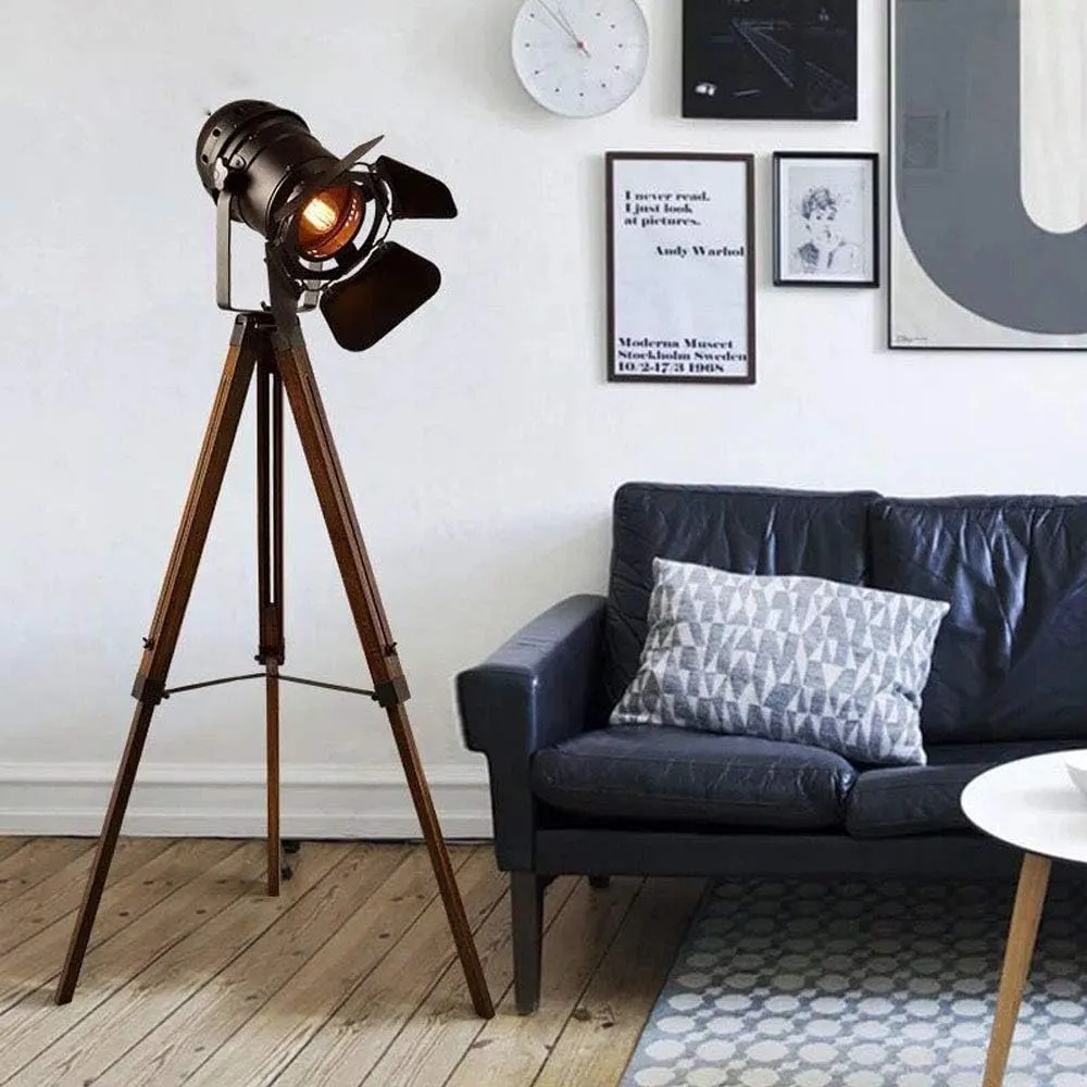 Illustration numéro 3 du produit Lampadaire cinéma trépied en bois et métal noir H.140 cm