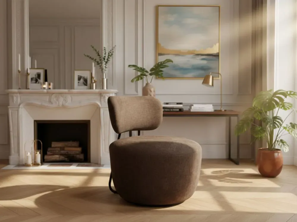 Illustration numéro 3 du produit Fauteuil en tissu marron et métal au style contemporain