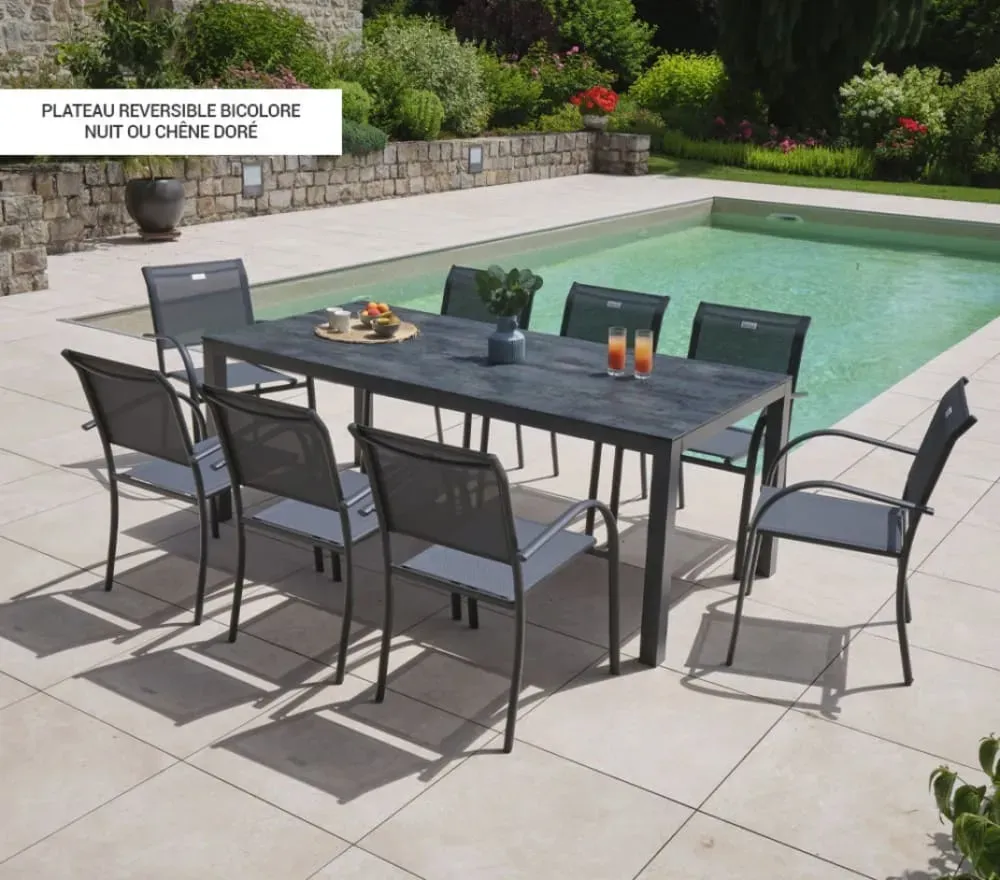 Illustration numéro 3 du produit Ensemble table et 8 chaises de jardin en aluminium chêne doré