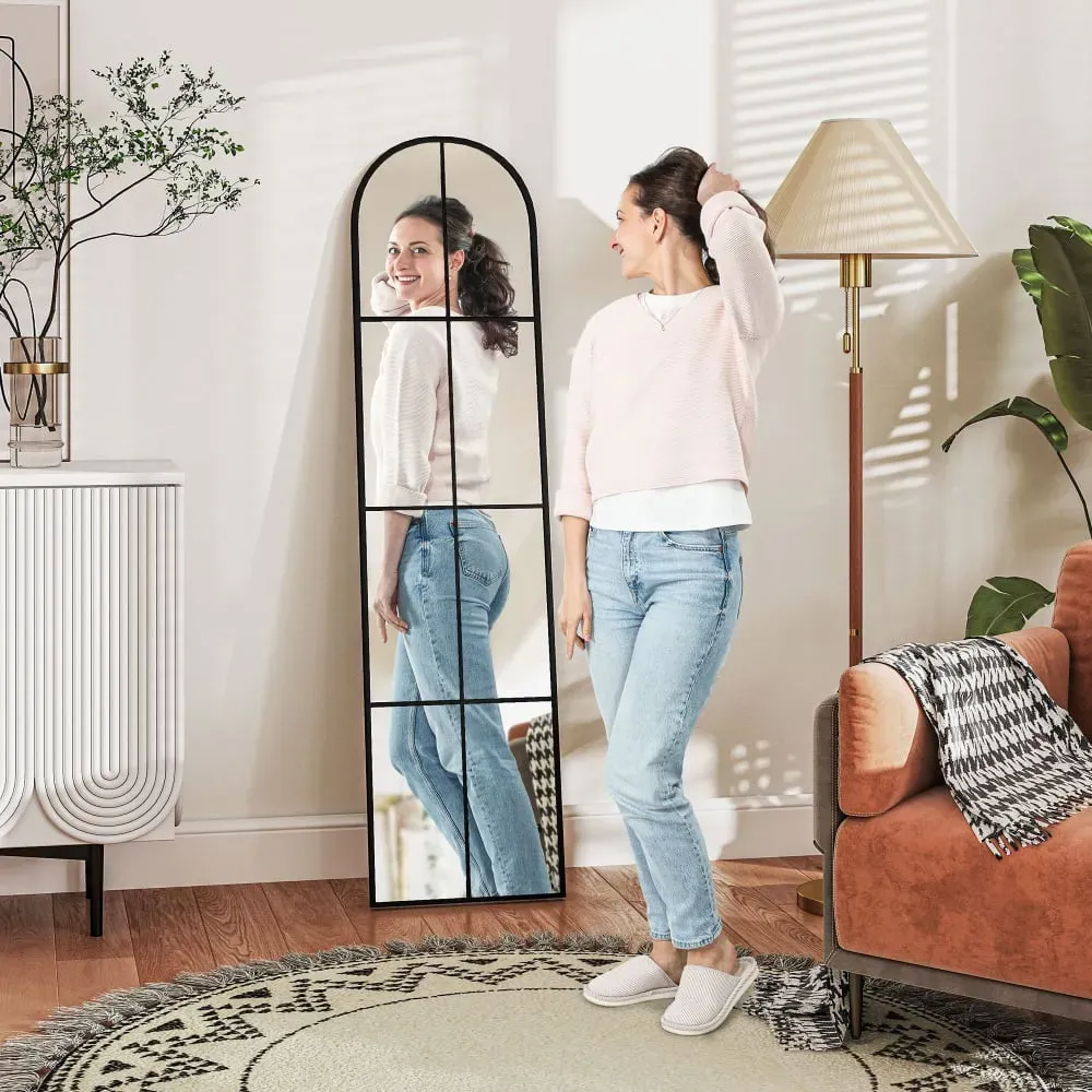 Illustration numéro 3 du produit Grand miroir mural ou sur pied fenêtre arquée cadre en méta noir