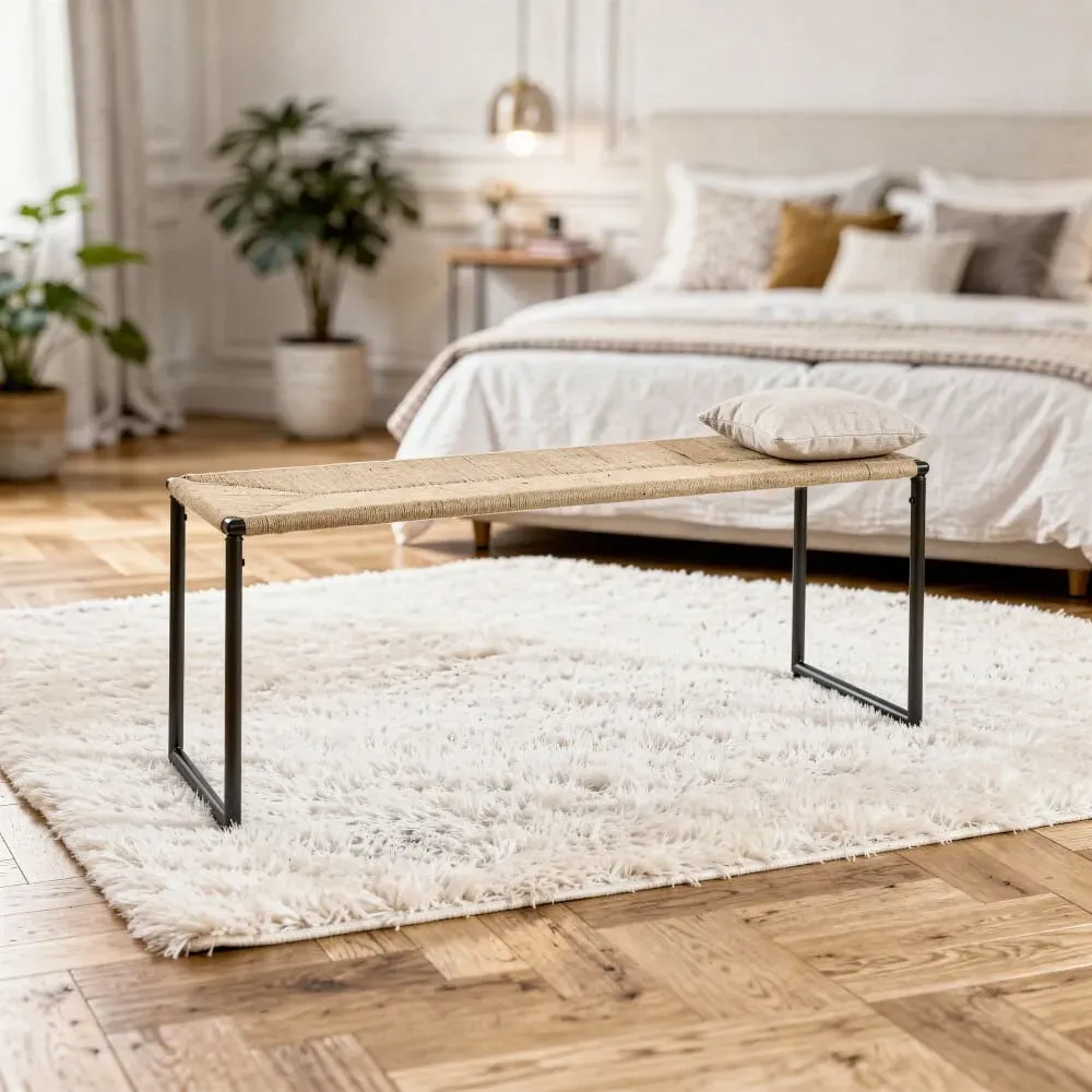Illustration numéro 3 du produit Banc de bout de lit en métal noir et corde tressée