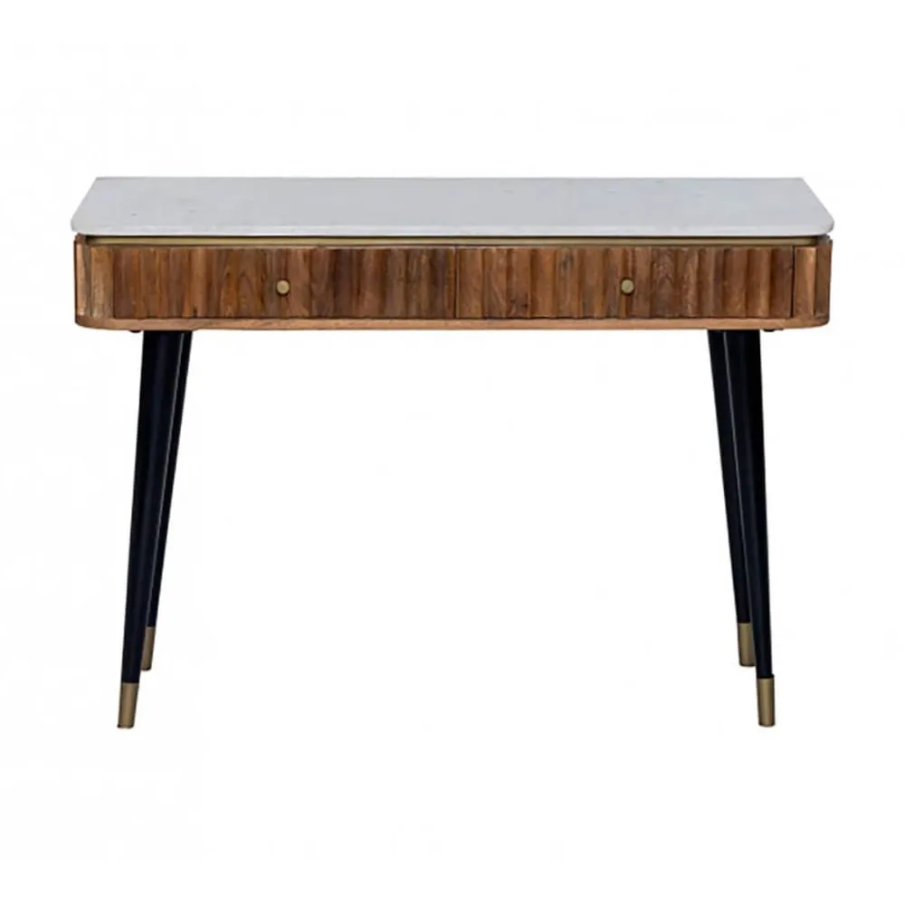 Illustration numéro 3 du produit Console 2 tiroirs manguier plateau marbre pieds embout doré