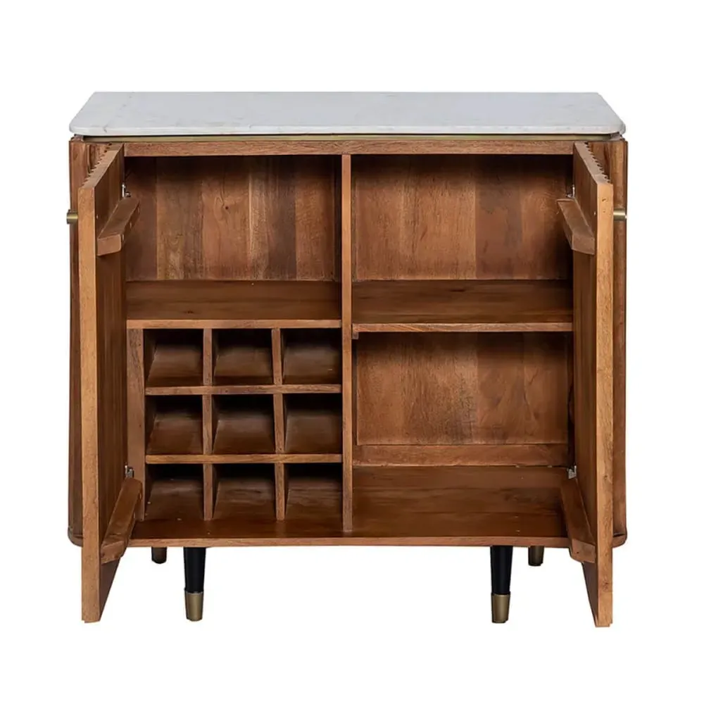 Illustration numéro 3 du produit Meuble de rangement 2 portes manguier plateau marbre pieds embout doré