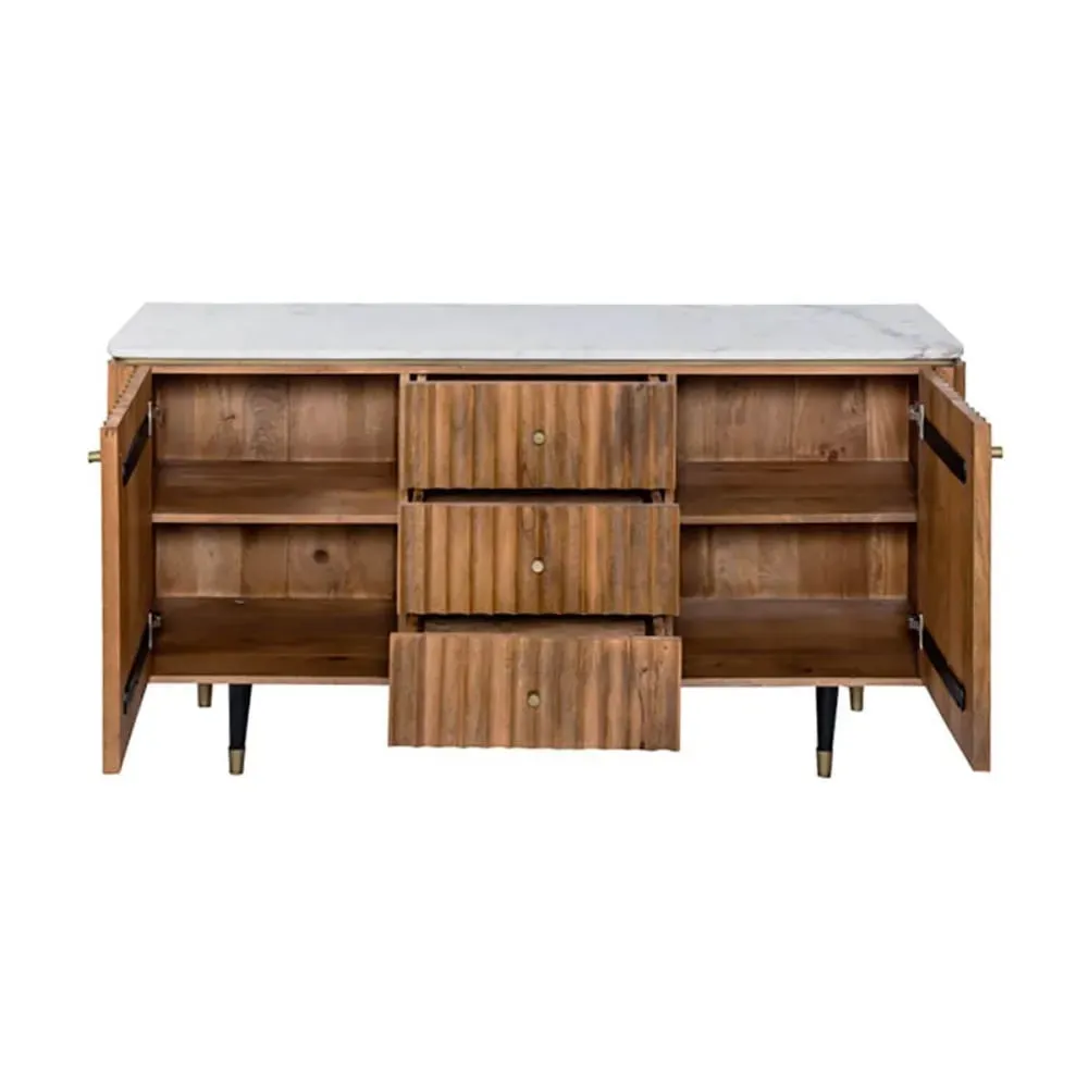 Illustration numéro 3 du produit Buffet 2 portes 3 tiroirs manguier plateau marbre pieds embout doré