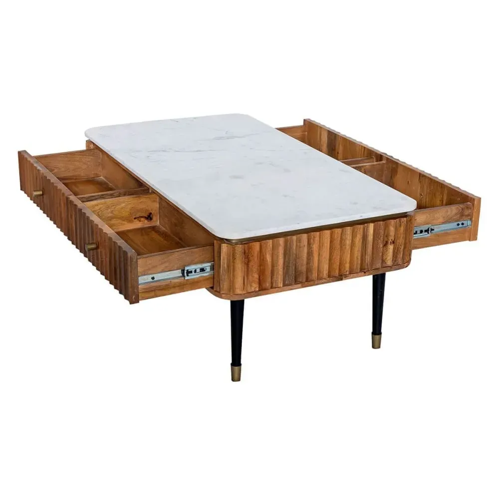 Illustration numéro 3 du produit Table basse 4 tiroirs manguier plateau marbre pieds embout doré