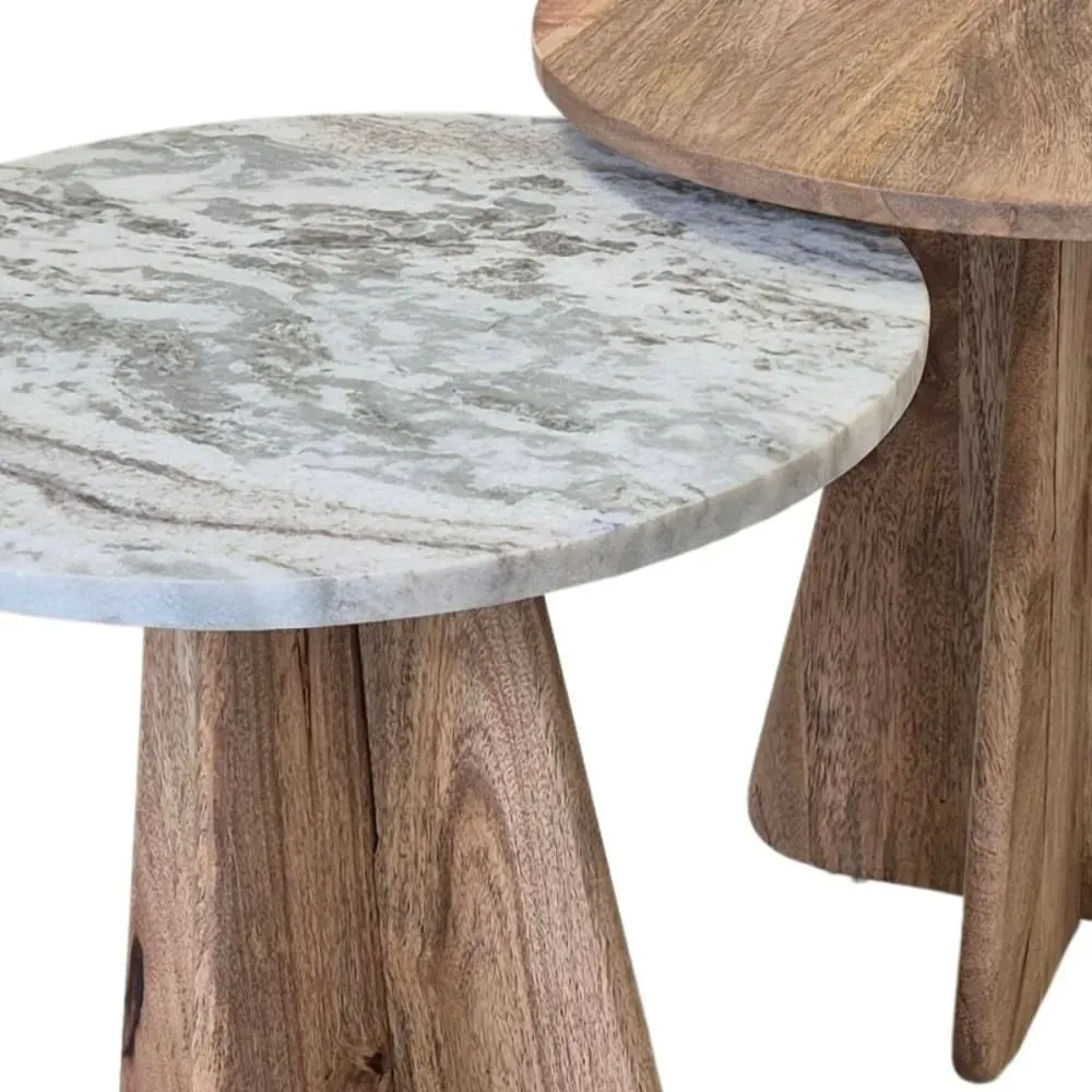 Illustration numéro 3 du produit Lot 2 de tables basses rondes acacia et marbre piètement acacia