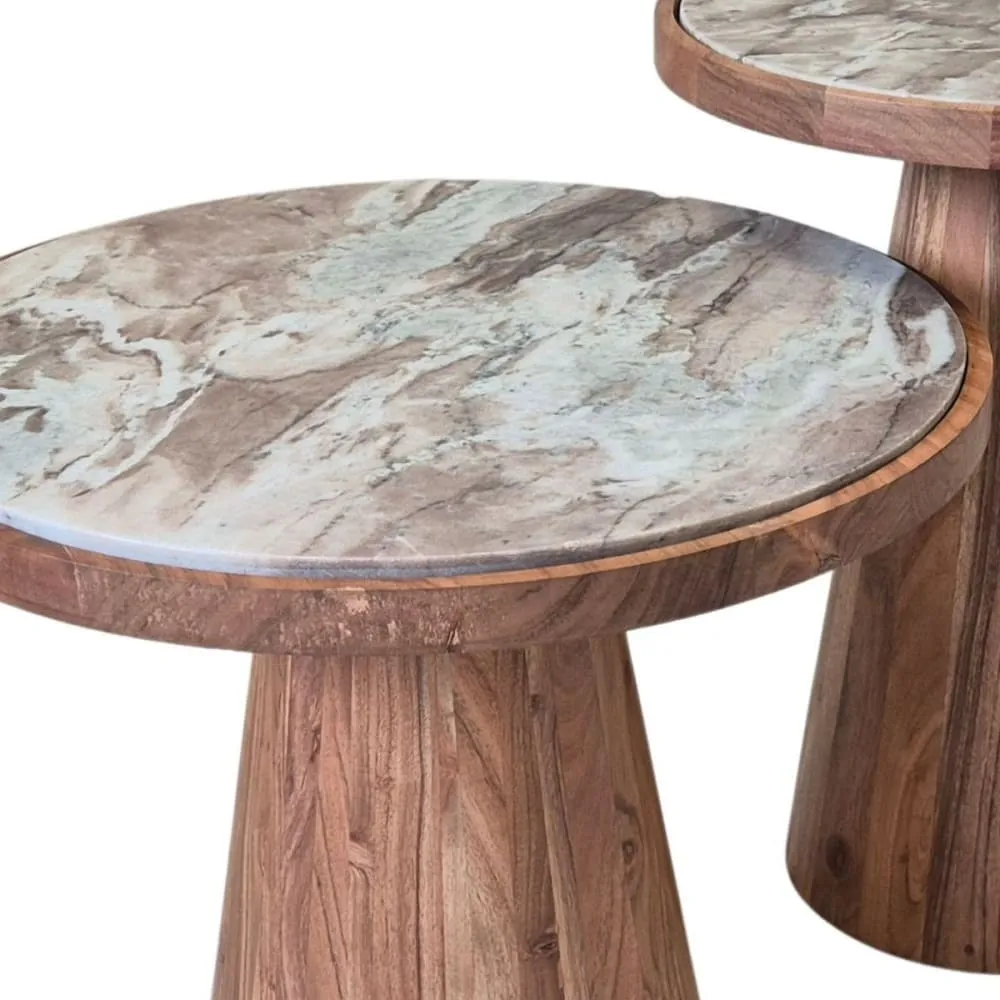 Illustration numéro 3 du produit Lot de 2 tables basses rondes base acacia avec plateau en marbre