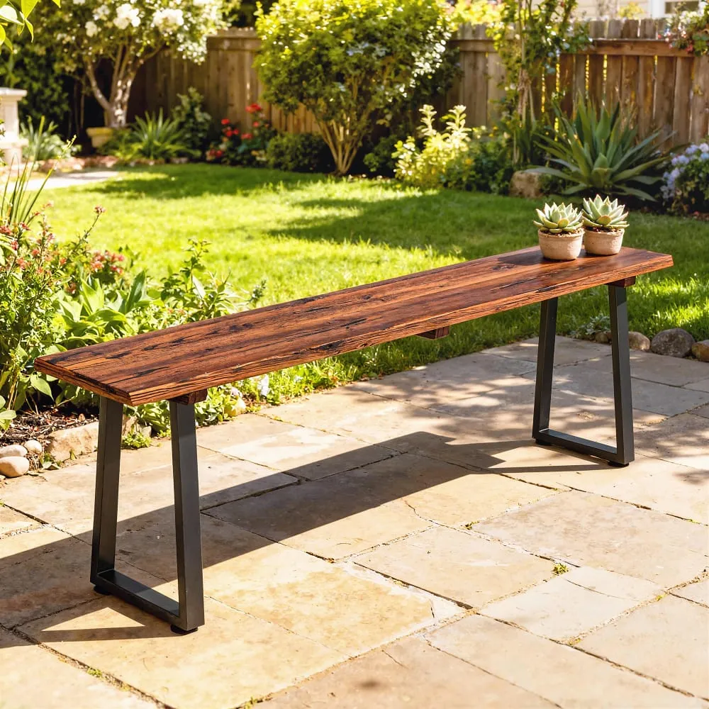 Illustration numéro 3 du produit Banc de jardin sans dossier pieds trapézoïdaux 2 places bois carbonisé