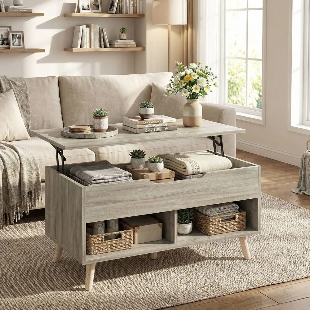 Illustration numéro 3 du produit Table basse relevable étagères ouvertes métal et bois bois naturel