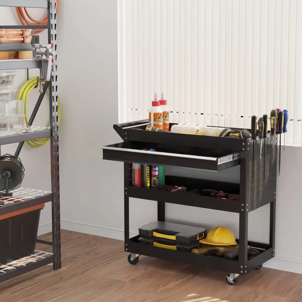 Illustration numéro 3 du produit Chariot outils trois niveaux avec tiroir poignée acier noir