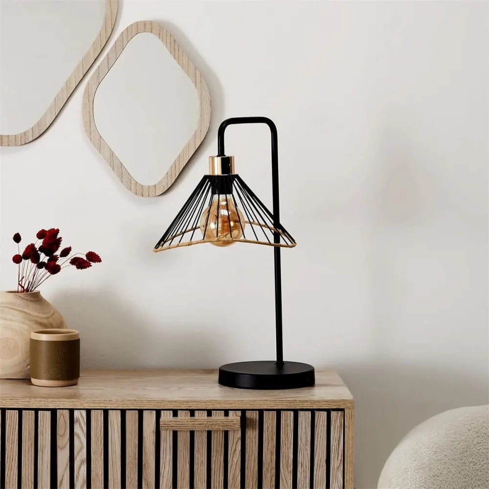 Illustration numéro 3 du produit Lampe  à poser noire abat-jour filaire finition rotin