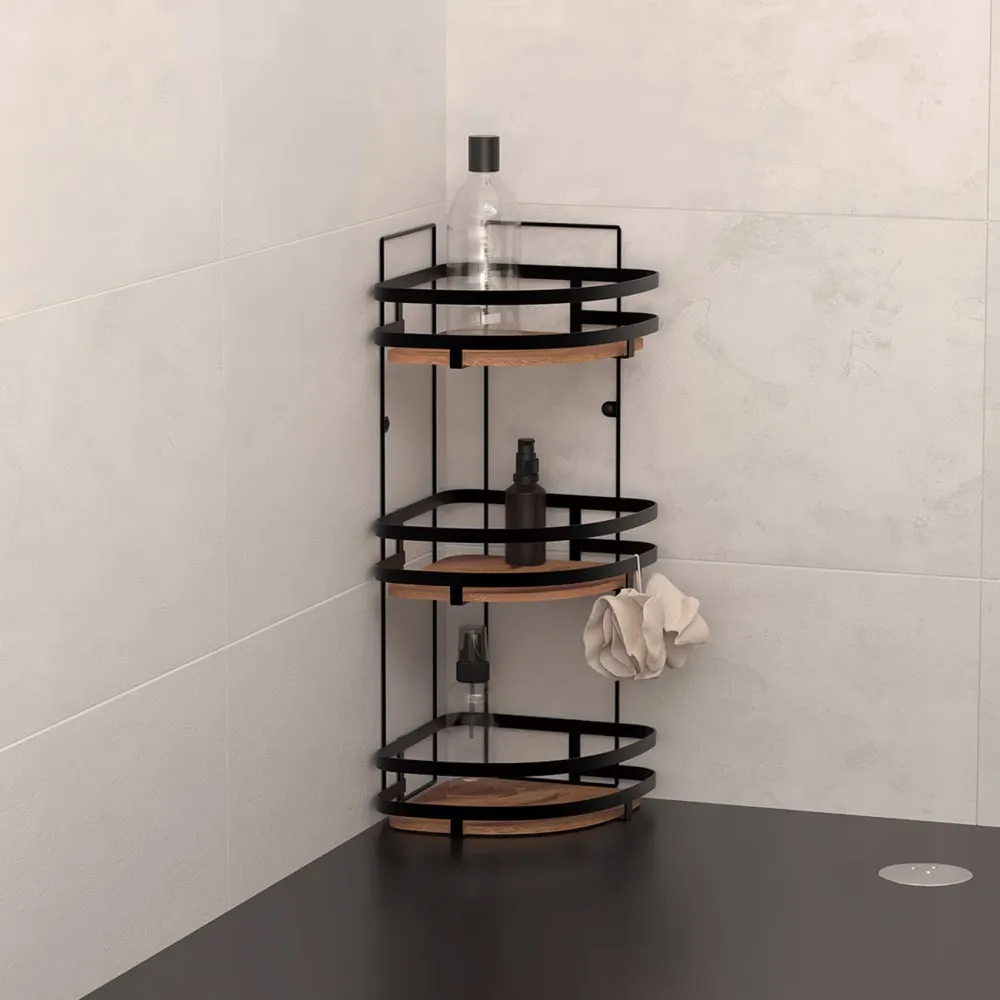 Illustration numéro 3 du produit Étagère de douche d'angle 3 niveaux style industriel bois/métal noir