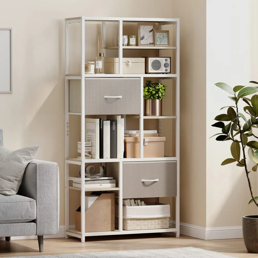 Illustration numéro 3 du produit Étagère de rangement 6 niveaux 2 tiroirs en tissu cadre en acier blanc