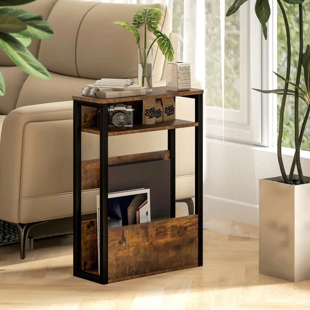 Illustration numéro 3 du produit Table d'appoint avec étagère à deux niveaux en bois brun rustique