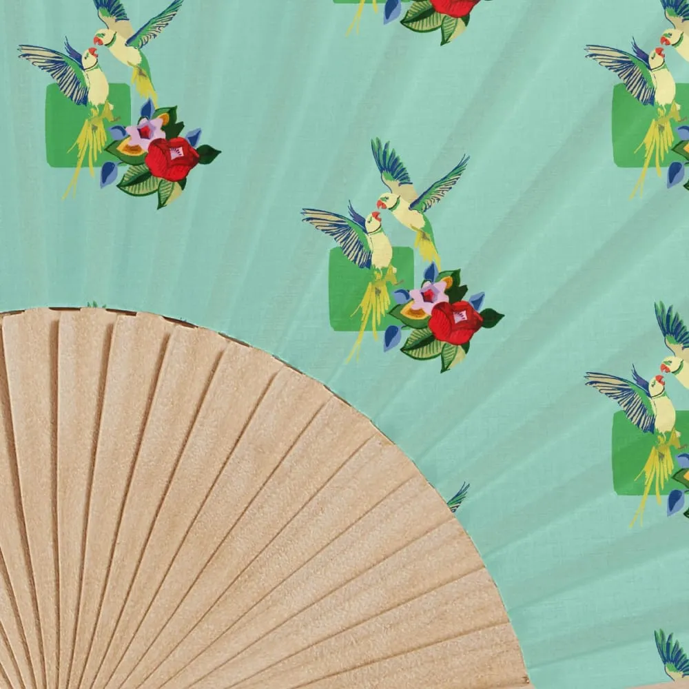 Illustration numéro 3 du produit Eventail bois de bouleau motif perruches turquoise