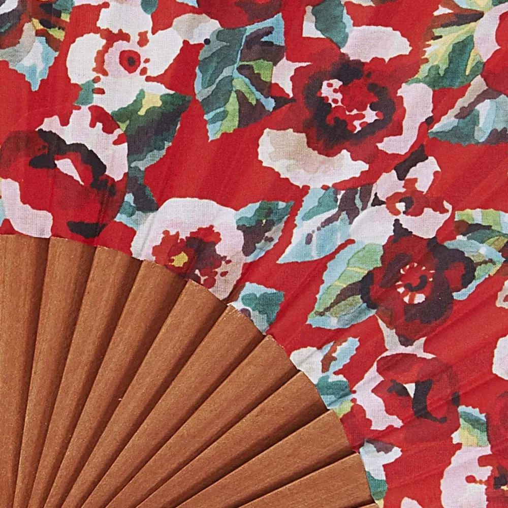 Illustration numéro 3 du produit Eventail bois de merisier motif fleuri rouge