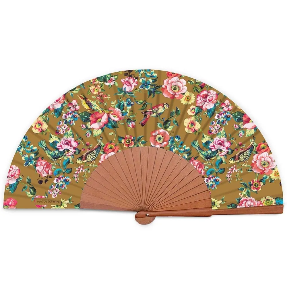 Illustration numéro 3 du produit Eventail bois de merisier motif fleurs et lianes bronze