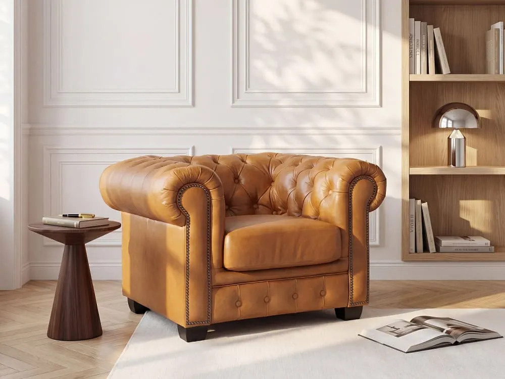 Illustration numéro 3 du produit Fauteuil droit cuir pleine fleur camel