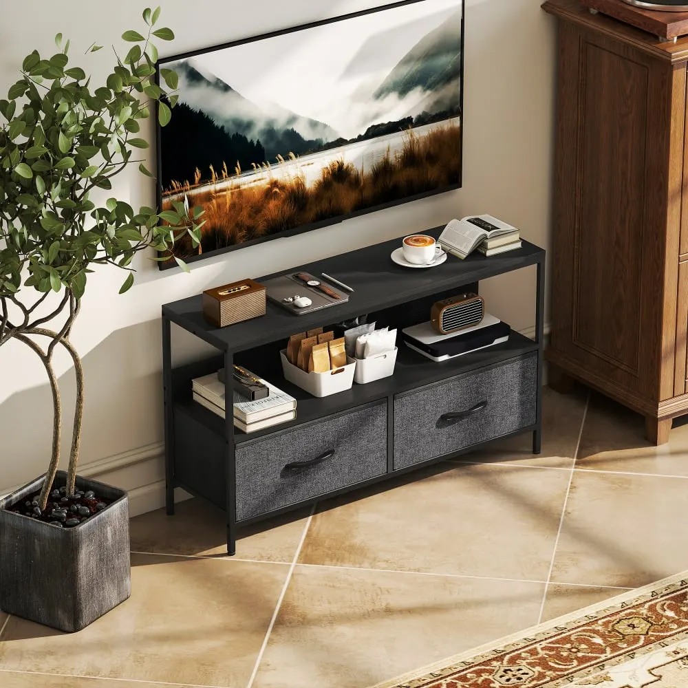 Illustration numéro 3 du produit Meuble TV industriel 2 tiroirs pliables tissu gris foncé acier noir