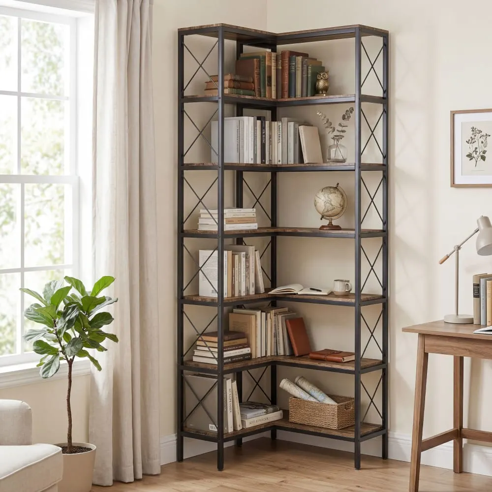 Illustration numéro 3 du produit Bibliothèque d'angle 6 niveaux métal bois brun rustique
