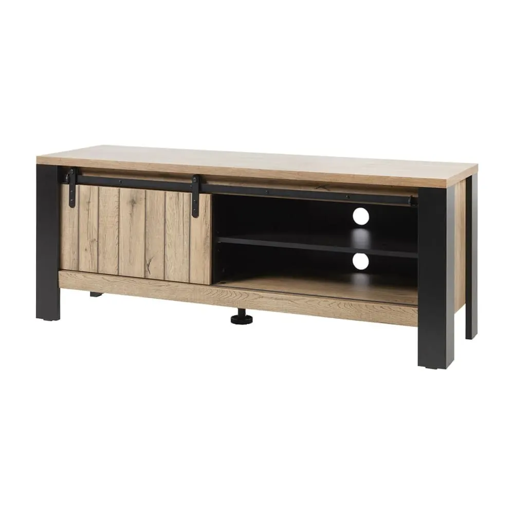 Illustration numéro 3 du produit Meuble tv 1 porte coulissante 2 niches métal et aspect bois