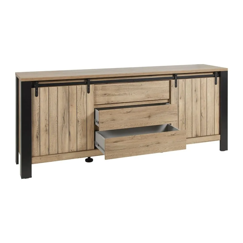 Illustration numéro 3 du produit Buffet 2 portes coulissantes 3 tiroirs métal et aspect bois