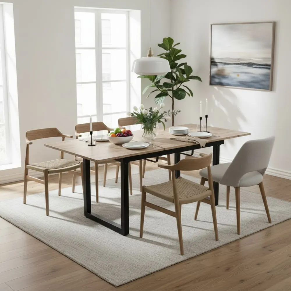 Illustration numéro 3 du produit Table de extensible, plateau effet chêne, pieds métalliques noirs