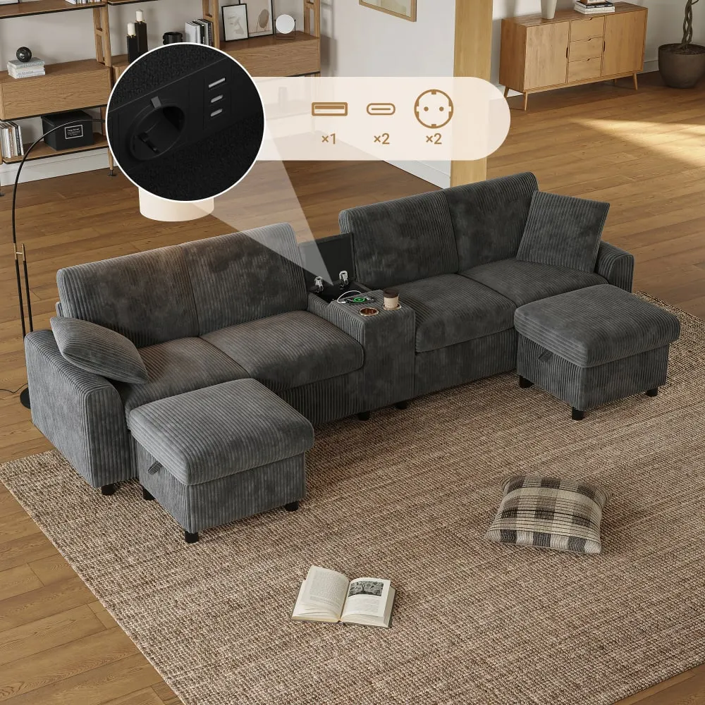 Illustration numéro 3 du produit Canapé d'angle 4 places avec 2 poufs et charge usb, velours côtelé