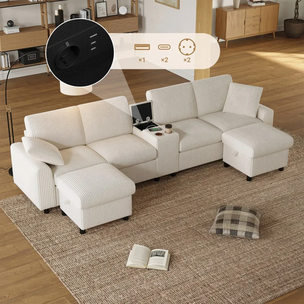 Illustration numéro 3 du produit Canapé d'angle 4 places avec 2 poufs et charge usb, velours côtelé