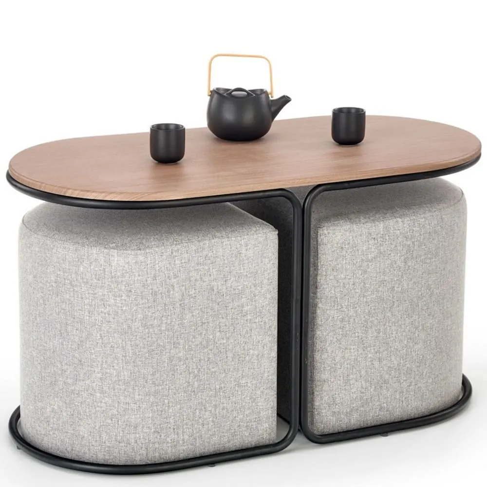 Illustration numéro 3 du produit Ensemble table basse et deux poufs en tissu de polyester gris