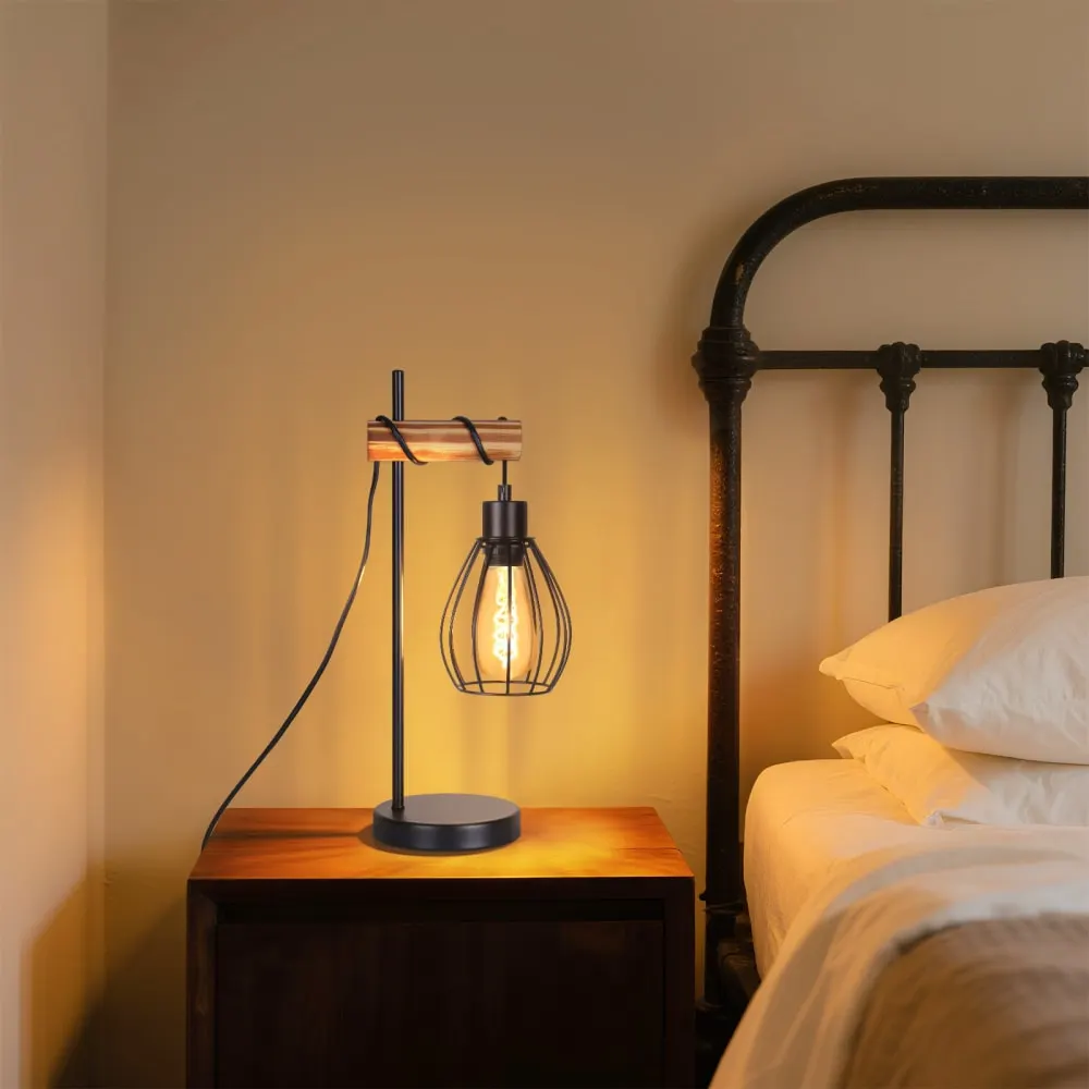 Illustration numéro 3 du produit Lampe de table fer bois noir 15x15x46cm e27