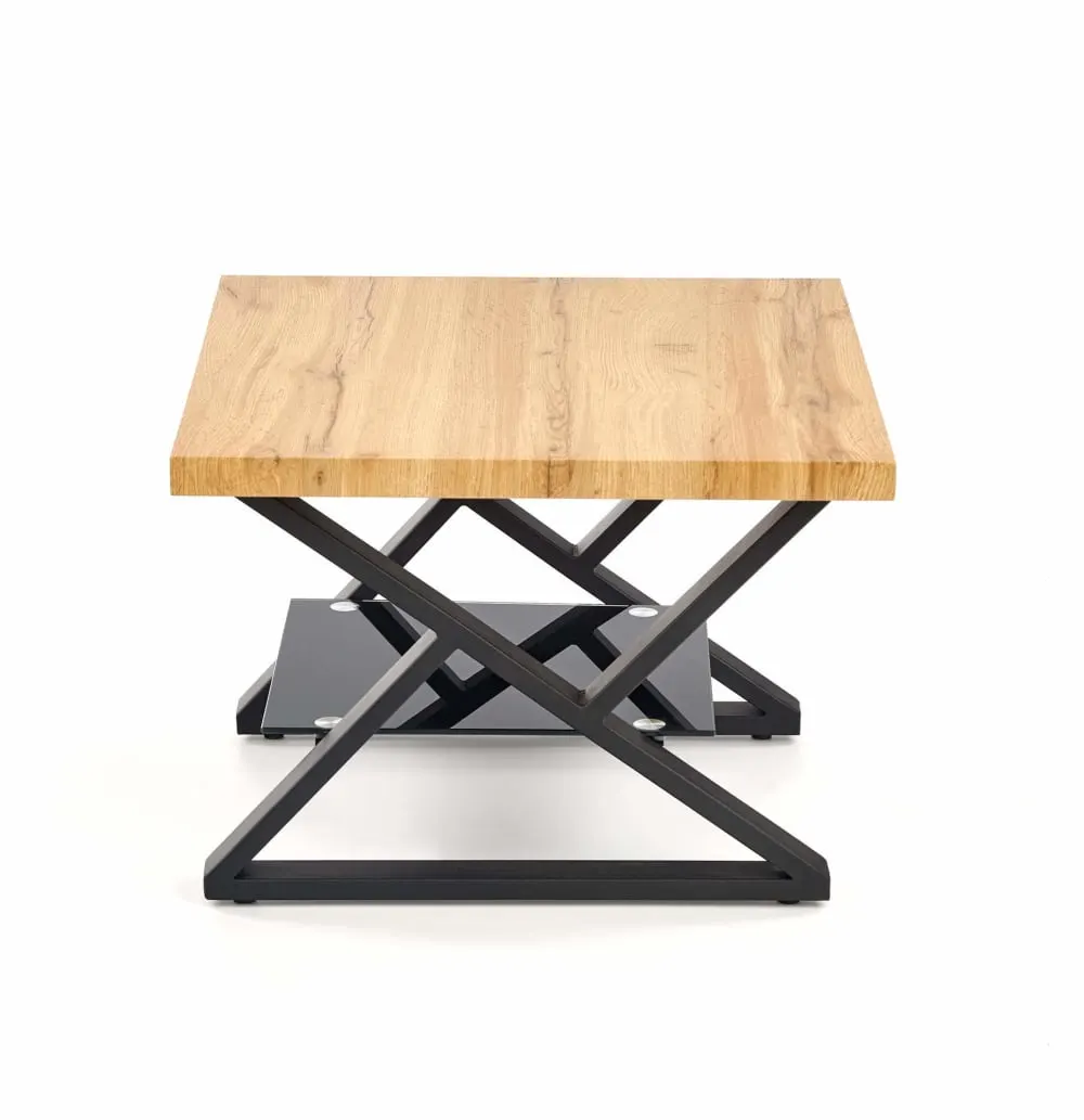 Illustration numéro 3 du produit Table basse carrée avec pieds acier noir plateau aspect chêne