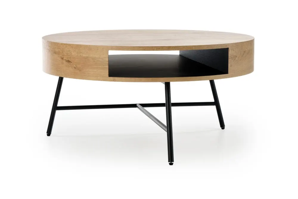 Illustration numéro 3 du produit Table basse ronde aspect chêne doré avec structure en acier noir 80cm