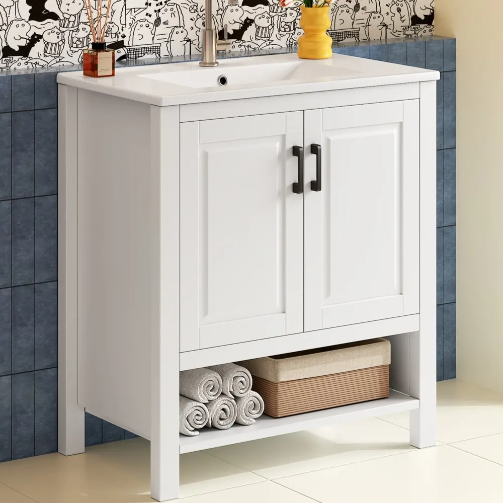 Illustration numéro 3 du produit Meuble sous-vasque 76 cm blanc avec vasque, doubles portes et niche
