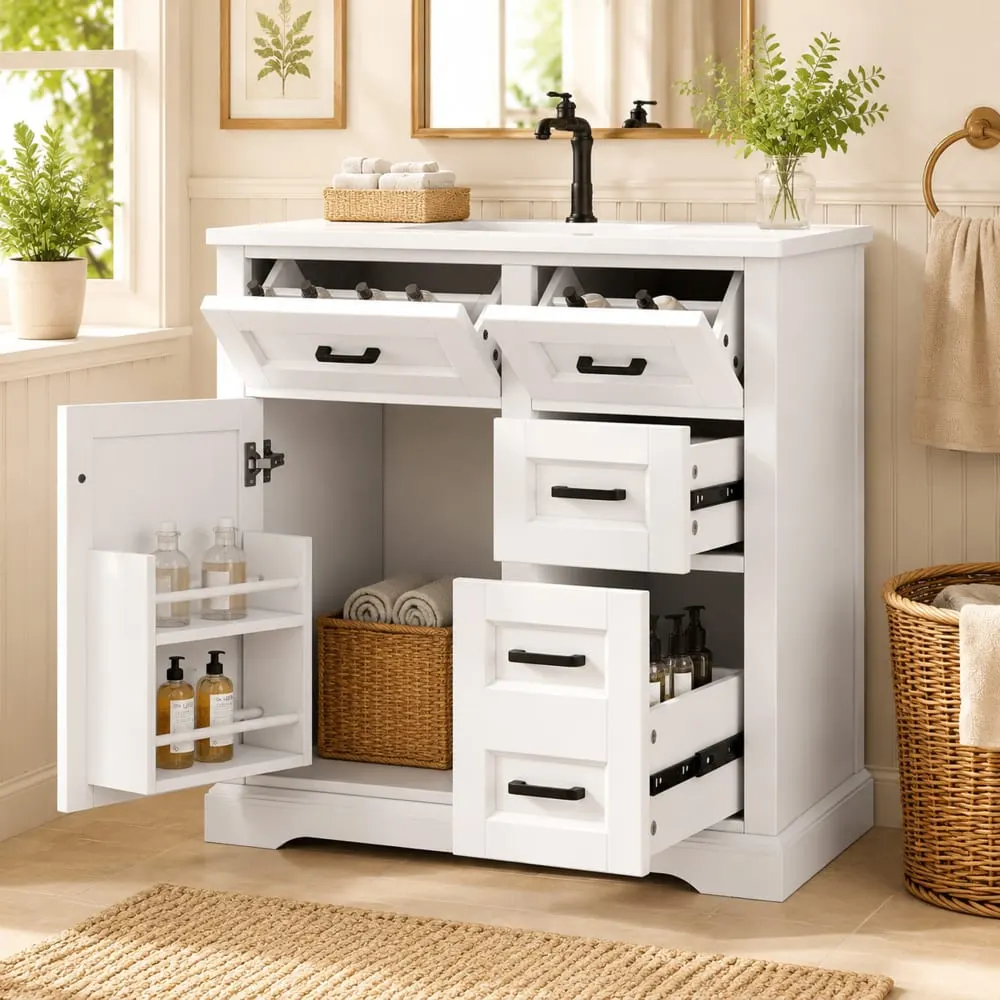 Illustration numéro 3 du produit Meuble sous-vasque 76 cm blanc avec vasque, tiroirs et rangements